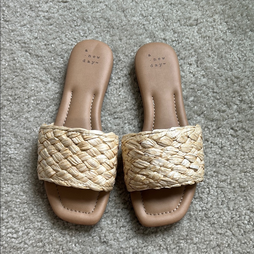 A New Day Tan Woven Sandals Flat Sole Slip-On